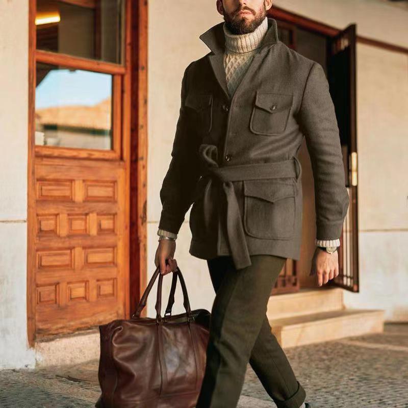 Herren multifunktionale Wool-Jacke mit Gürtel und Taschen R&B