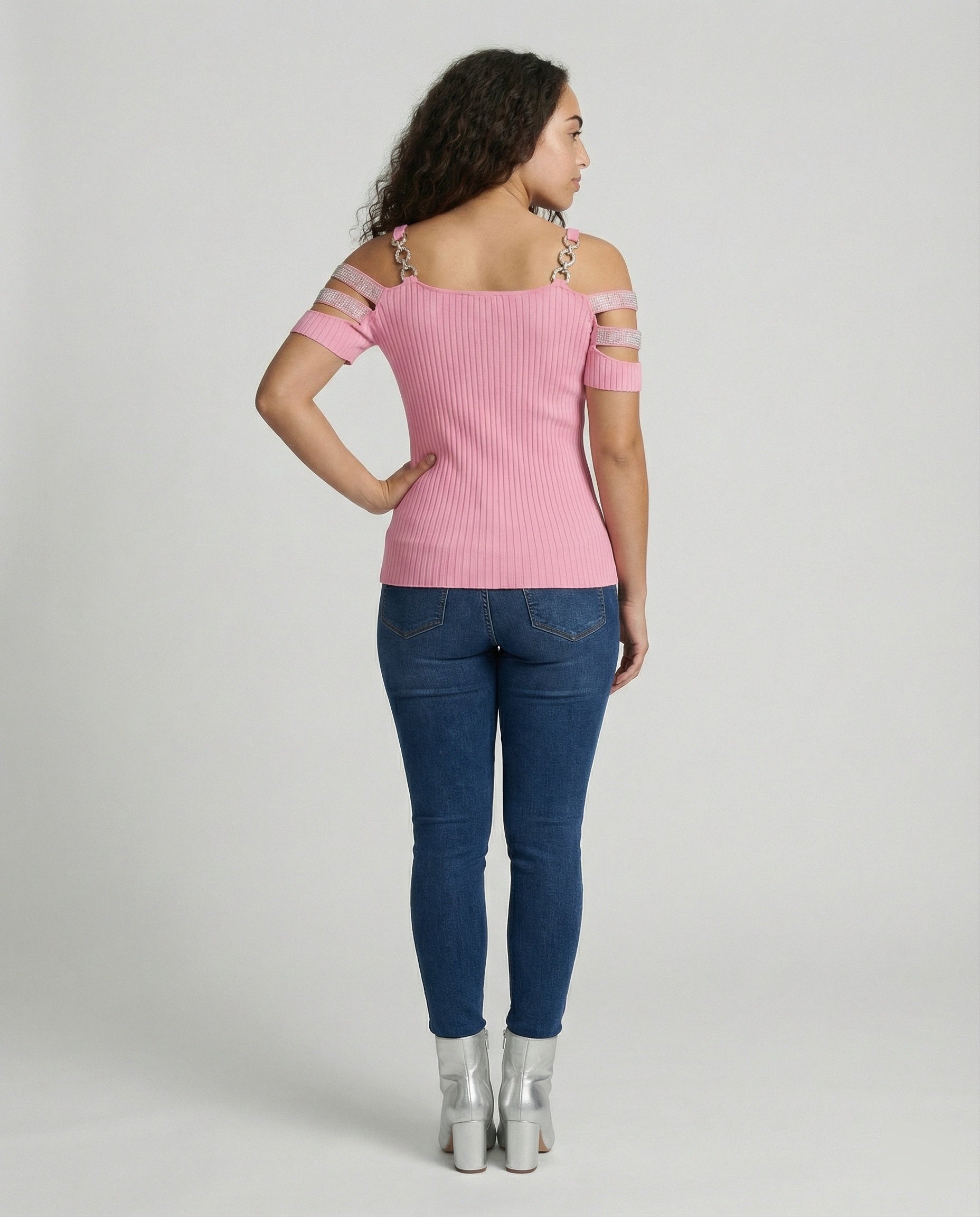 Damen Elegantes Oberteil mit tiefem V-Ausschnitt und dekorativen Riemen R&B