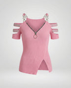 Damen Elegantes Oberteil mit tiefem V-Ausschnitt und dekorativen Riemen R&B