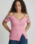 Damen Elegantes Oberteil mit tiefem V-Ausschnitt und dekorativen Riemen R&B
