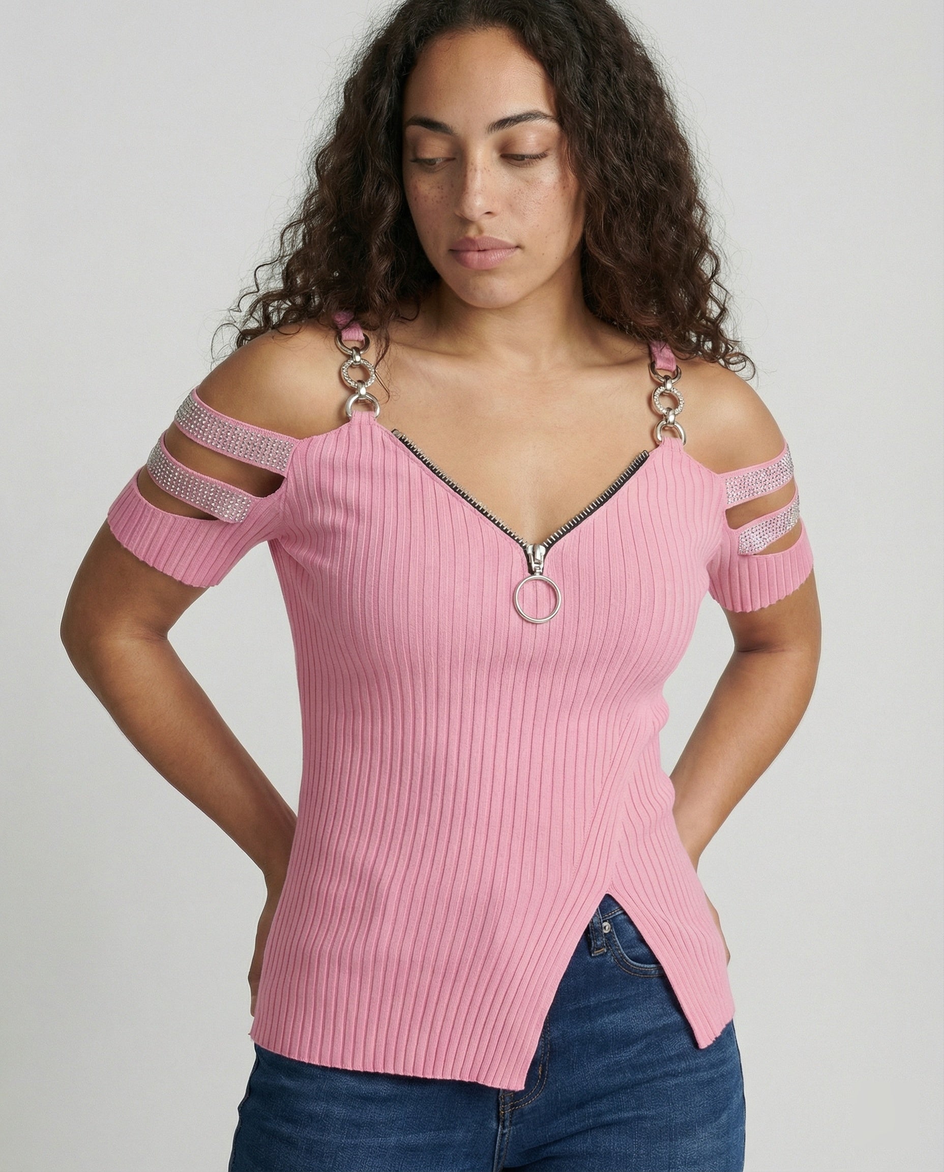 Damen Elegantes Oberteil mit tiefem V-Ausschnitt und dekorativen Riemen R&B