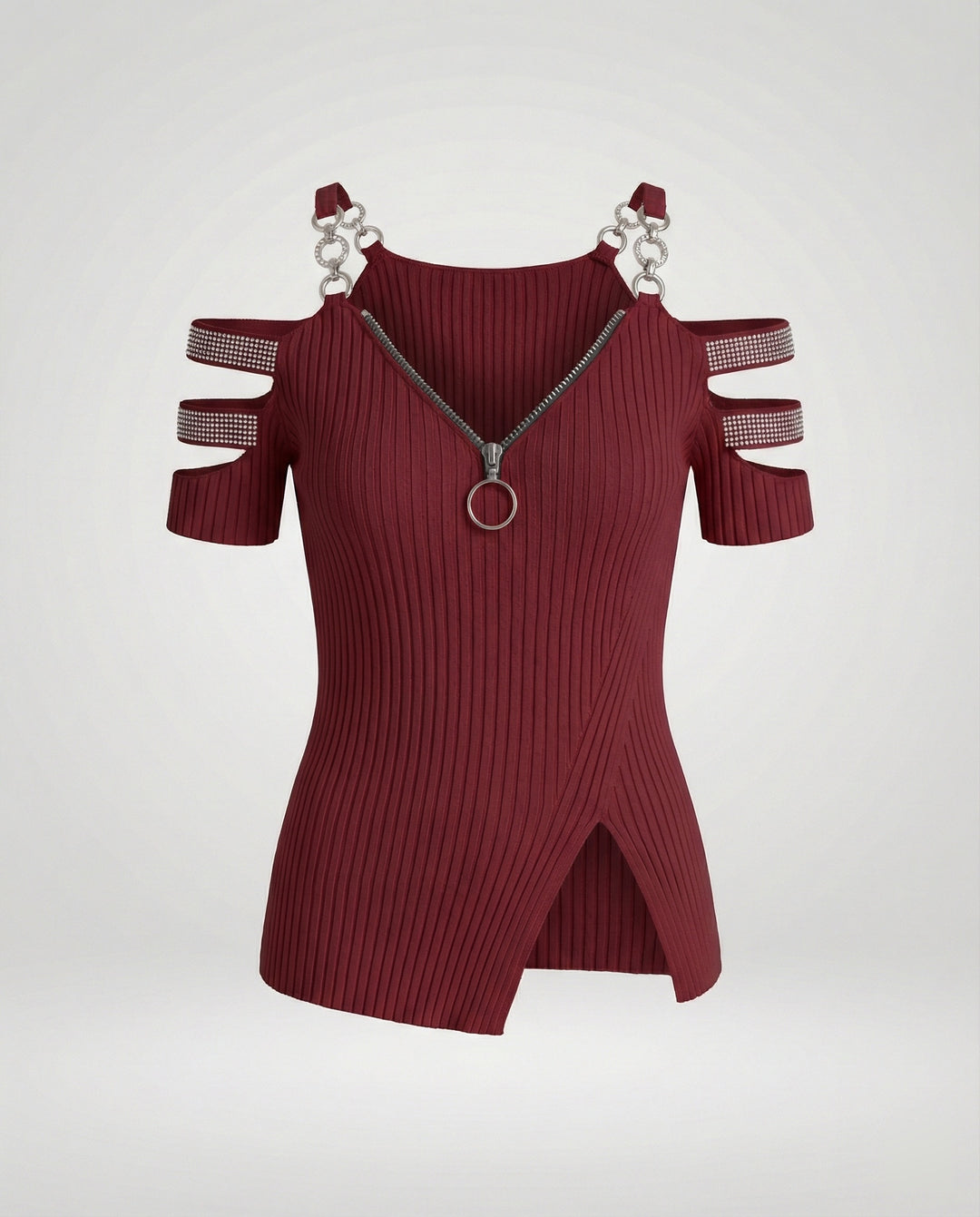 Damen Elegantes Oberteil mit tiefem V-Ausschnitt und dekorativen Riemen R&B