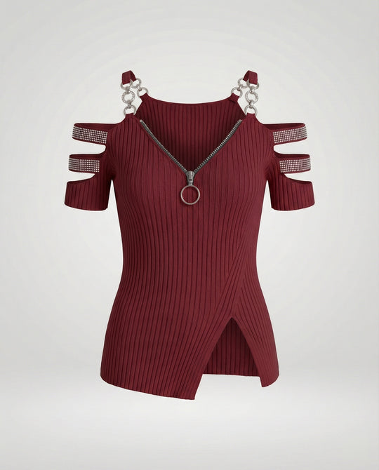 Damen Elegantes Oberteil mit tiefem V-Ausschnitt und dekorativen Riemen R&B