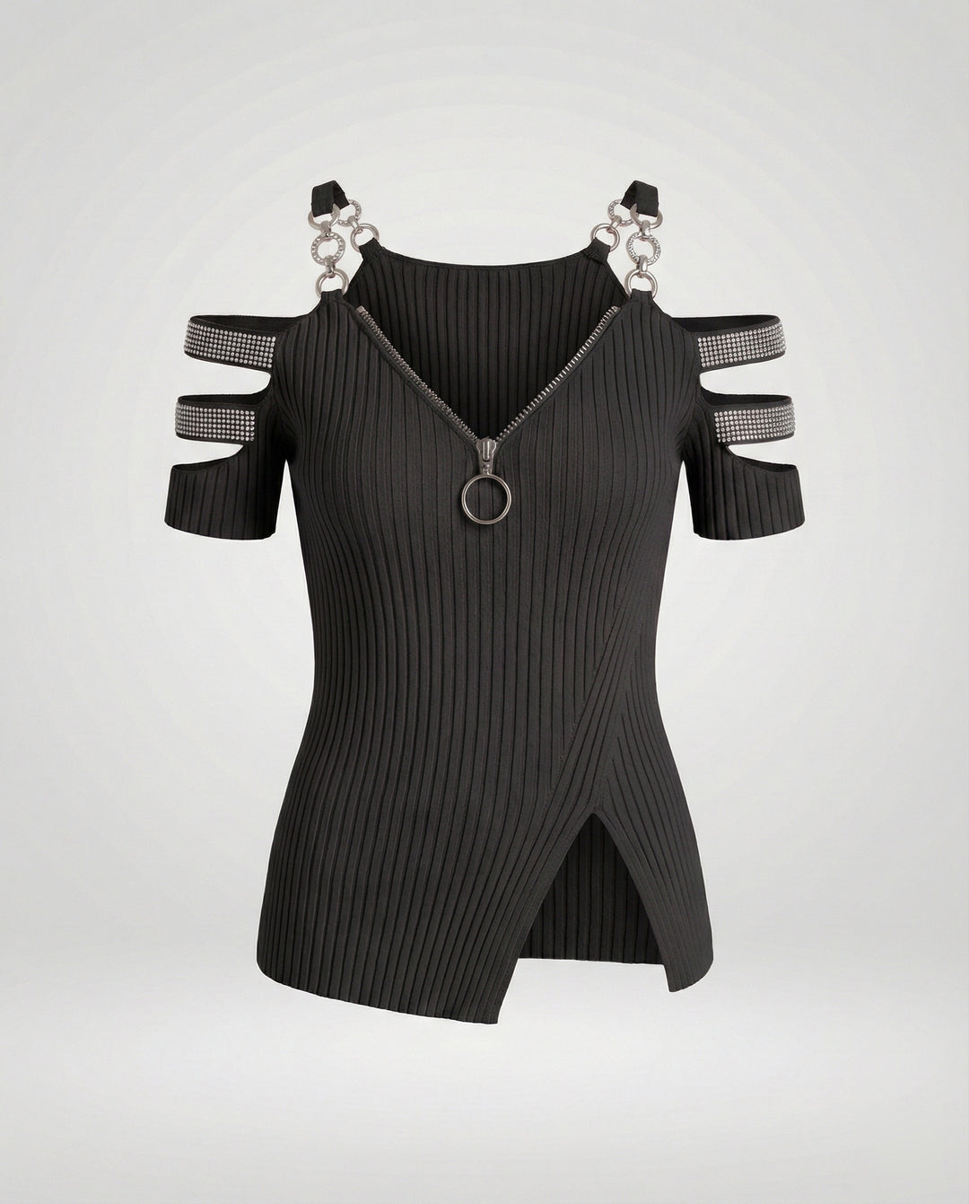 Damen Elegantes Oberteil mit tiefem V-Ausschnitt und dekorativen Riemen R&B