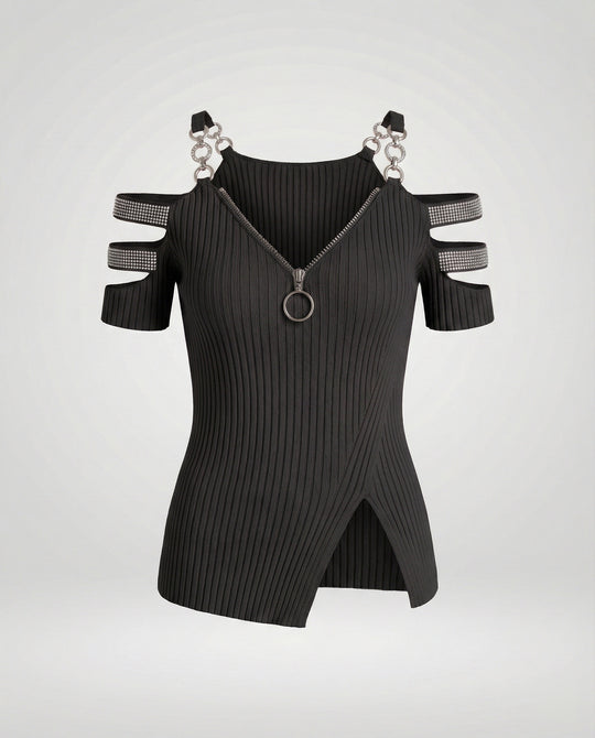 Damen Elegantes Oberteil mit tiefem V-Ausschnitt und dekorativen Riemen R&B