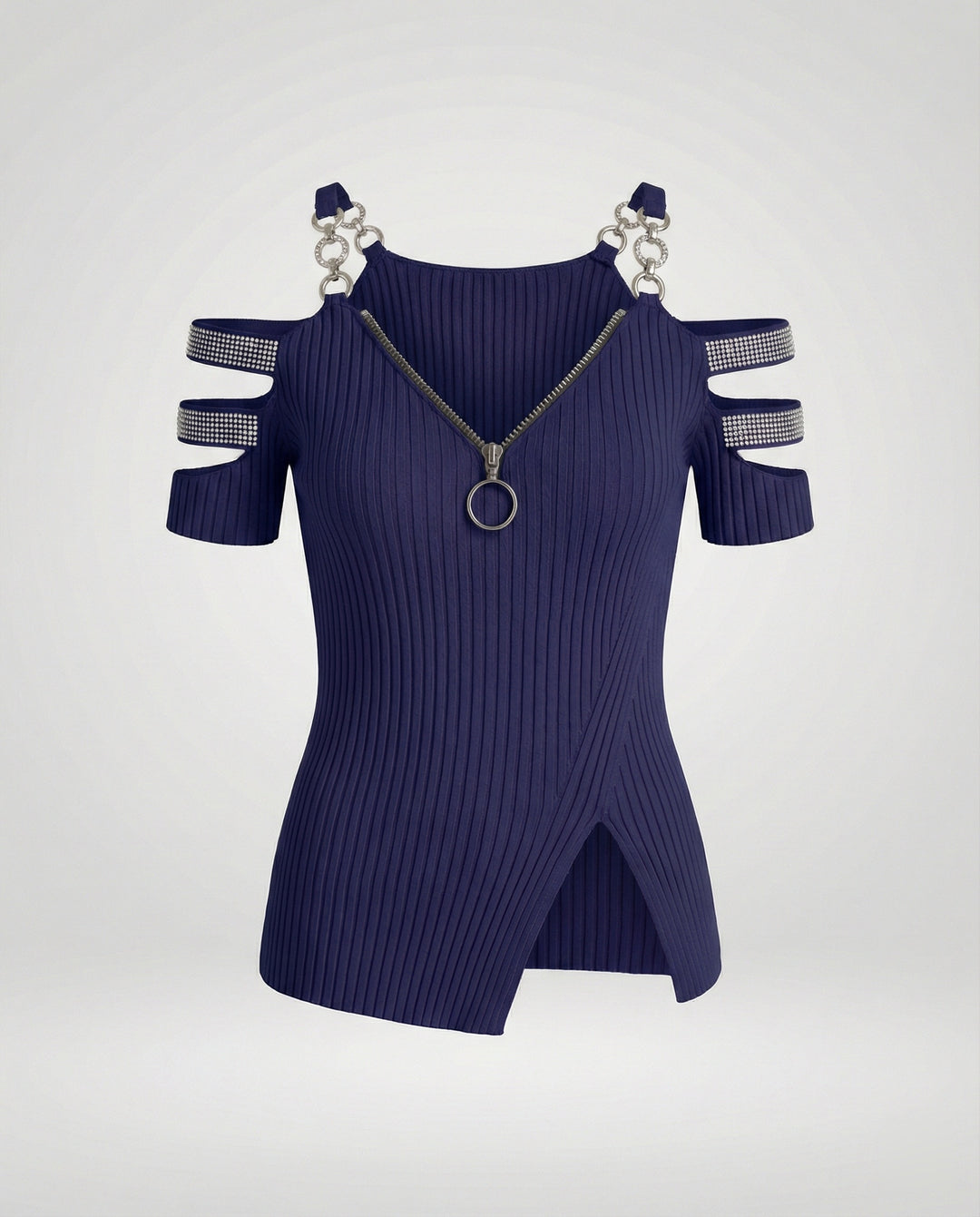 Damen Elegantes Oberteil mit tiefem V-Ausschnitt und dekorativen Riemen R&B