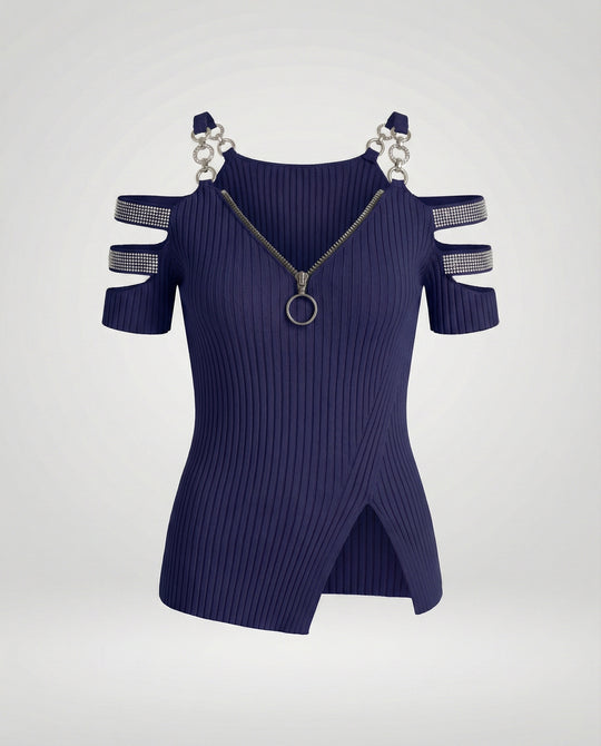Damen Elegantes Oberteil mit tiefem V-Ausschnitt und dekorativen Riemen R&B
