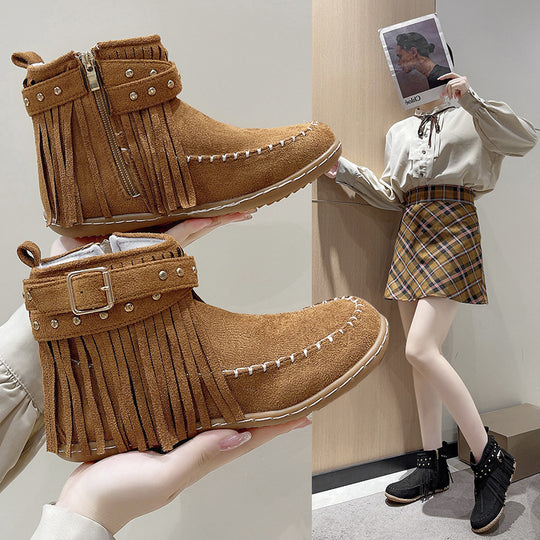 Damen modische Stiefeletten mit Fransen und Nieten R&B