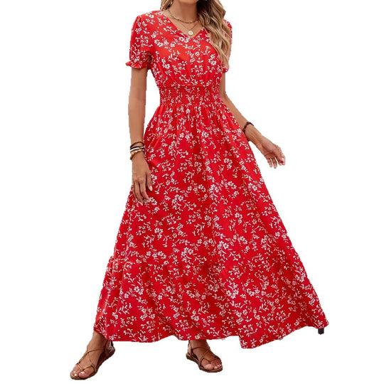 Damen Maxikleid mit V-Ausschnitt und gefertigtem Gummizug R&B