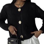 Damen luftiger Strickjacke mit dekorativem Netzdesign und praktischen Taschen R&B