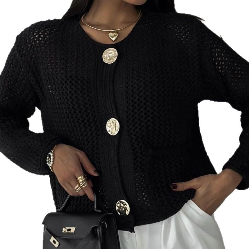Damen luftiger Strickjacke mit dekorativem Netzdesign und praktischen Taschen R&B