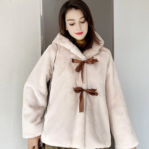 Damen Kuschelige Kunstpelzjacke mit Kapuze und Schleifendetails R&B