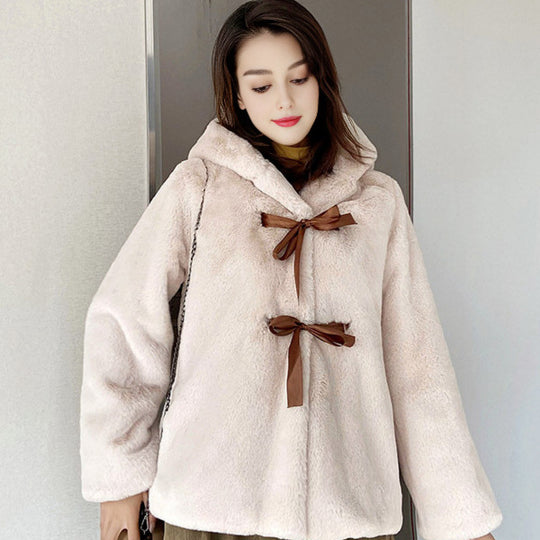 Damen Kuschelige Kunstpelzjacke mit Kapuze und Schleifendetails R&B