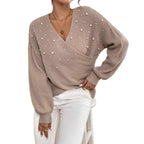 Damen offener Strickpullover mit Perlendetails R&B