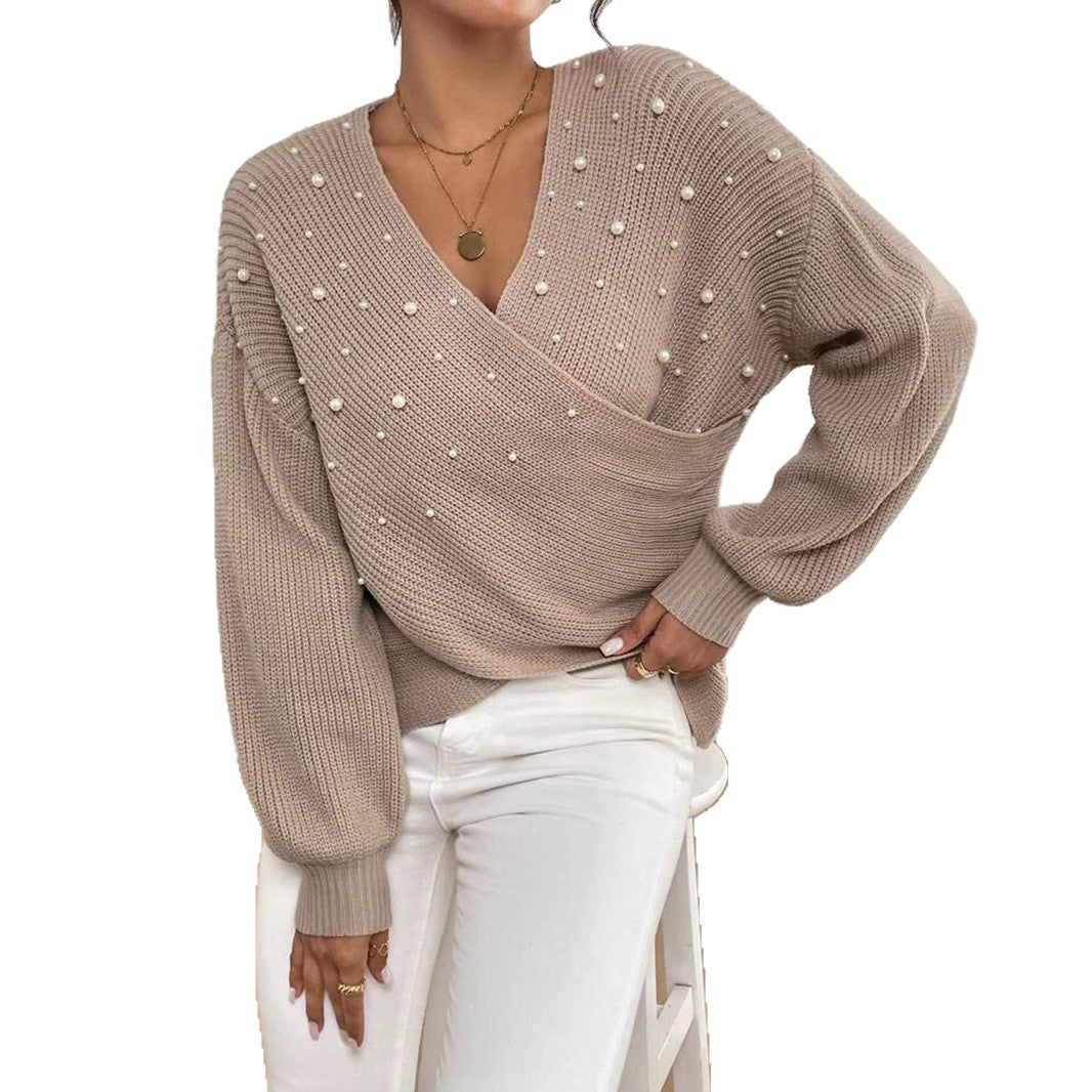 Damen offener Strickpullover mit Perlendetails R&B