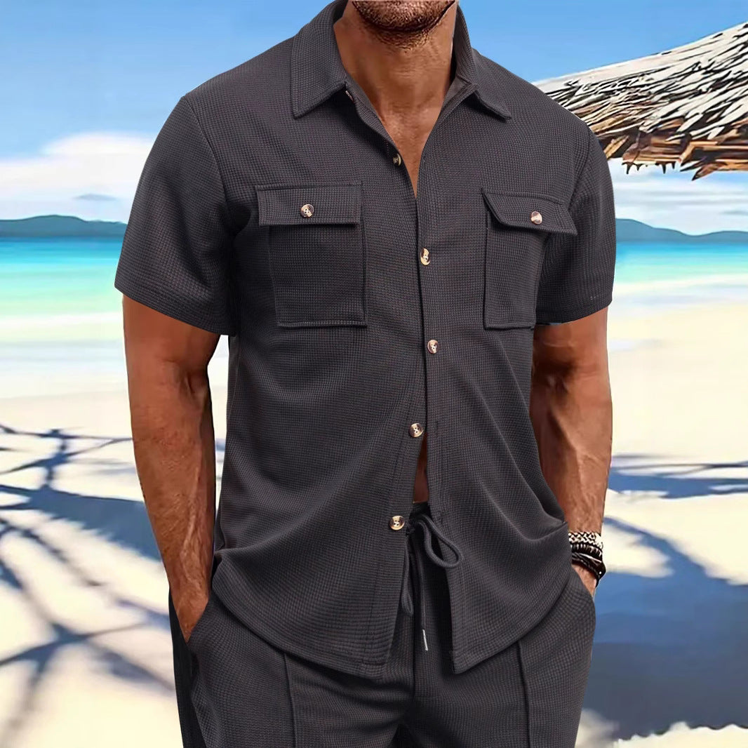 Herren nan strukturiertes Waffel-Lounge-Set mit Hemdjacke, Brustklappen und Kordelhose R&B