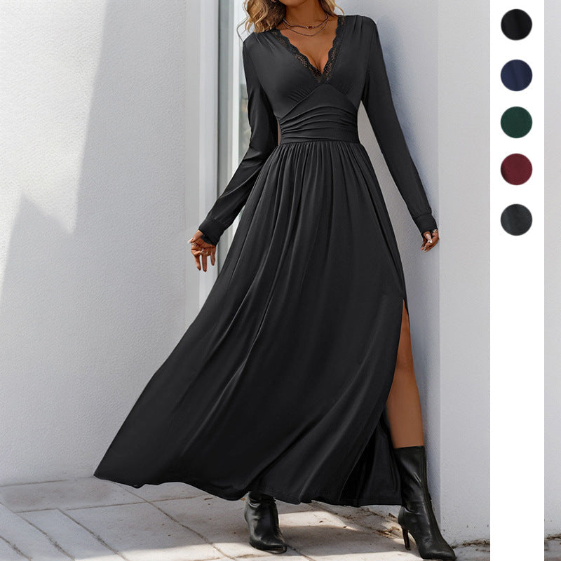 Damen Elegantes Maxikleid mit hochwertiger Spitzenverzierung und seitlichem Schlitz R&B