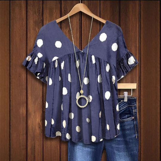 Damen fließendes Punkteshirt mit V-Ausschnitt und Rüschendetails R&B