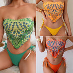 Damen Bandeau-Bikini mit farbenfrohem Muster und Quasten