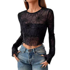 Damen nan transparentes Netztop mit samtigem Spinnennetzprint und bauchfreiem Schnitt R&B