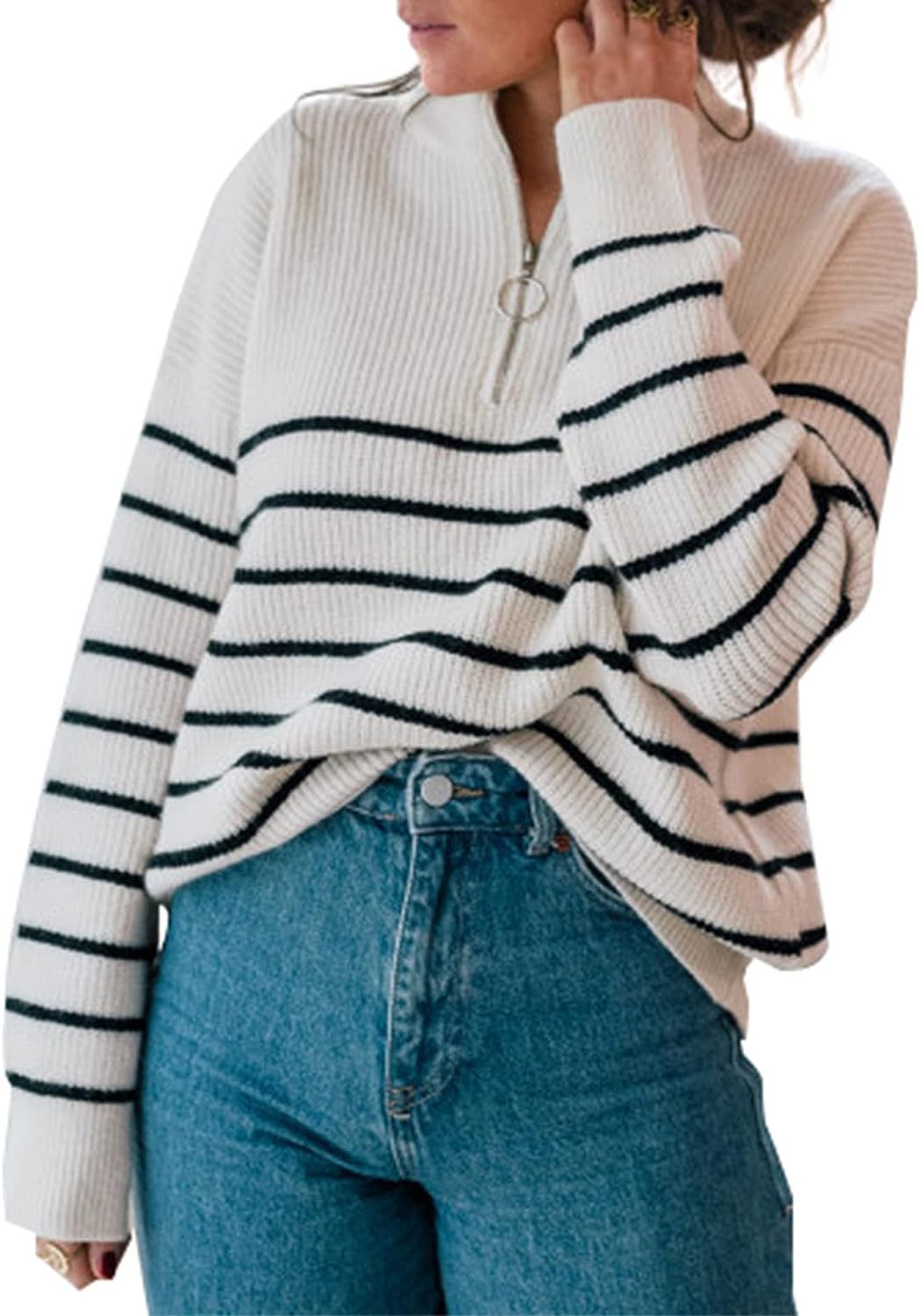 Damen lässiger Pullover mit kurzem Reißverschluss und Streifenmuster R&B