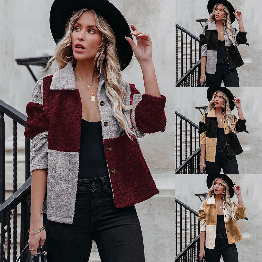 Damen kuschelige Oversized-Jacke im Patchwork-Stil