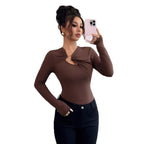Damen nan figurbetonter Langarm-Body mit Leopardenprint und Zier-Ring R&B