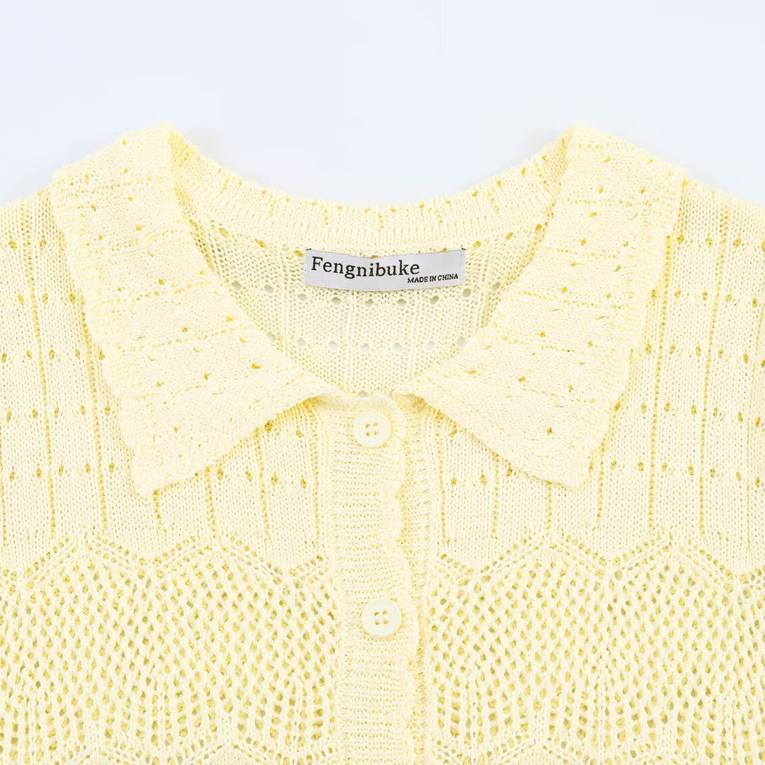 Damen Kurzarm Strickjacke mit feinem Lochmuster und klassischem Kragen R&B