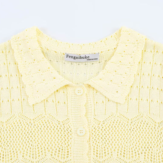 Damen Kurzarm Strickjacke mit feinem Lochmuster und klassischem Kragen R&B