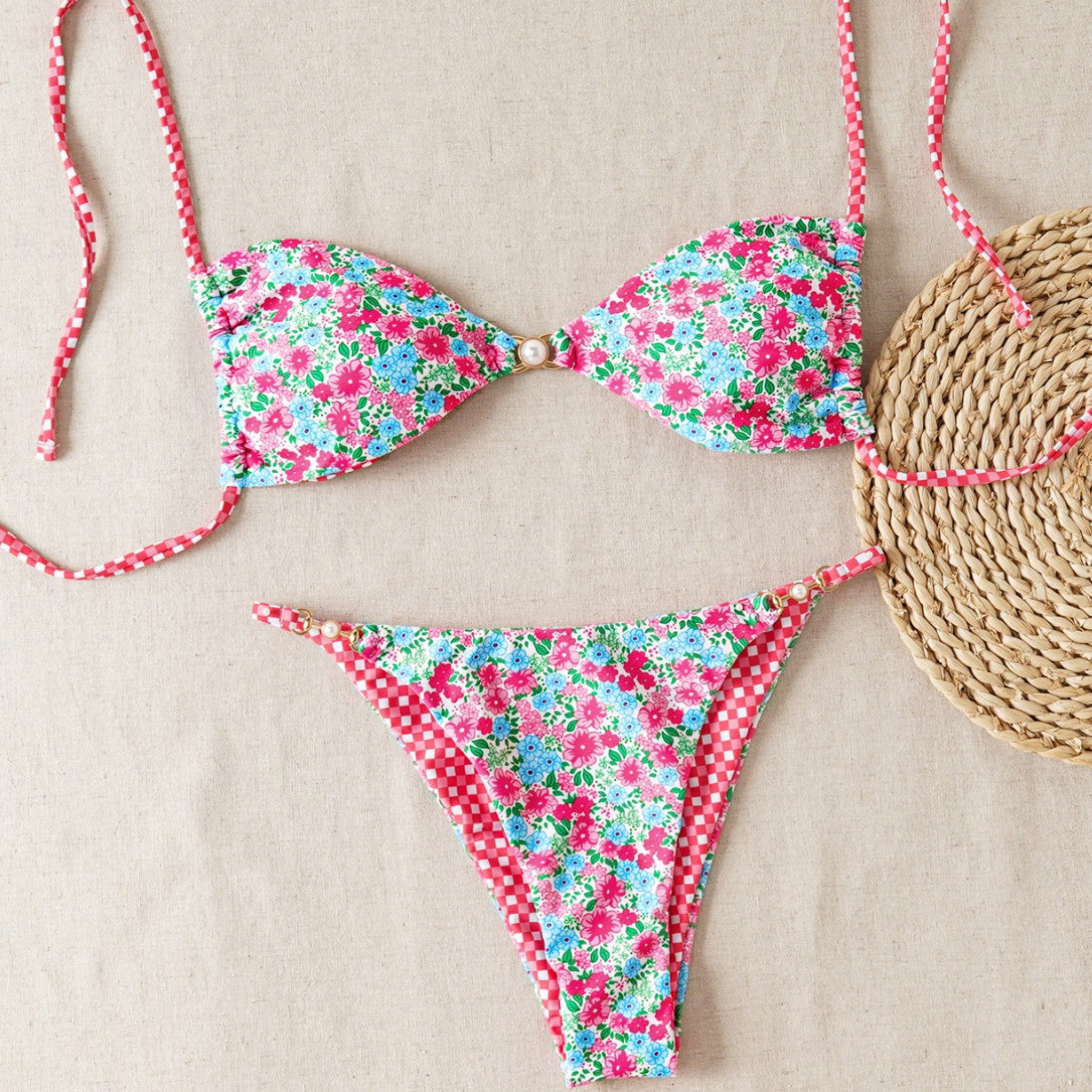 Damen Bikini-Set mit raffiniertem Leopardenmuster und eleganten Perlendetails R&B