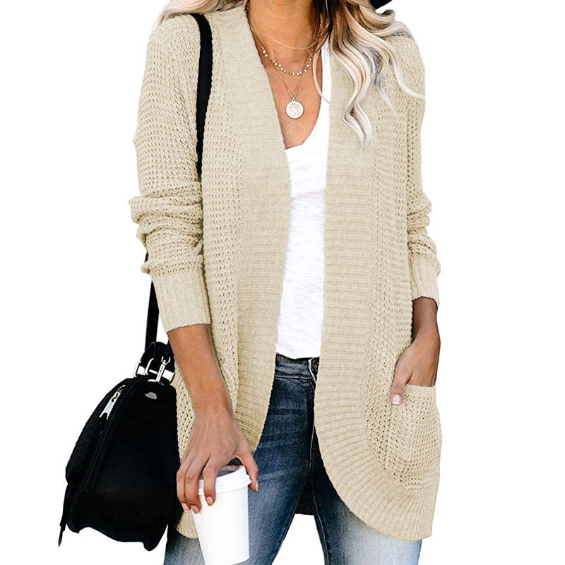 Damen lässige Strickjacke mit offenen Ärmeln und praktischen Taschen R&B