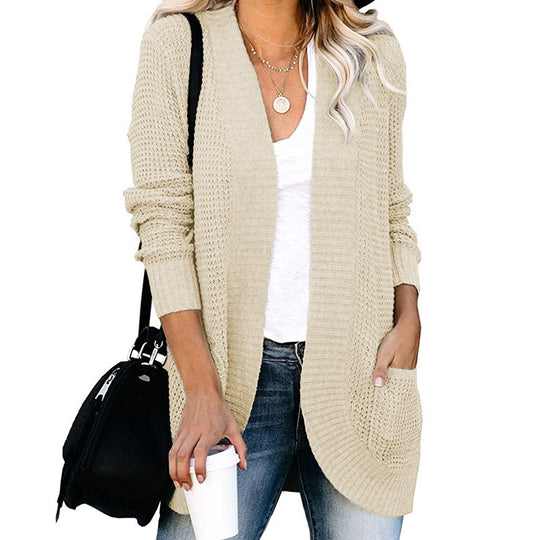 Damen lässige Strickjacke mit offenen Ärmeln und praktischen Taschen R&B
