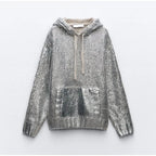 Damen Glitzernder Strickpullover mit Kapuze und praktischer Kängurutasche R&B
