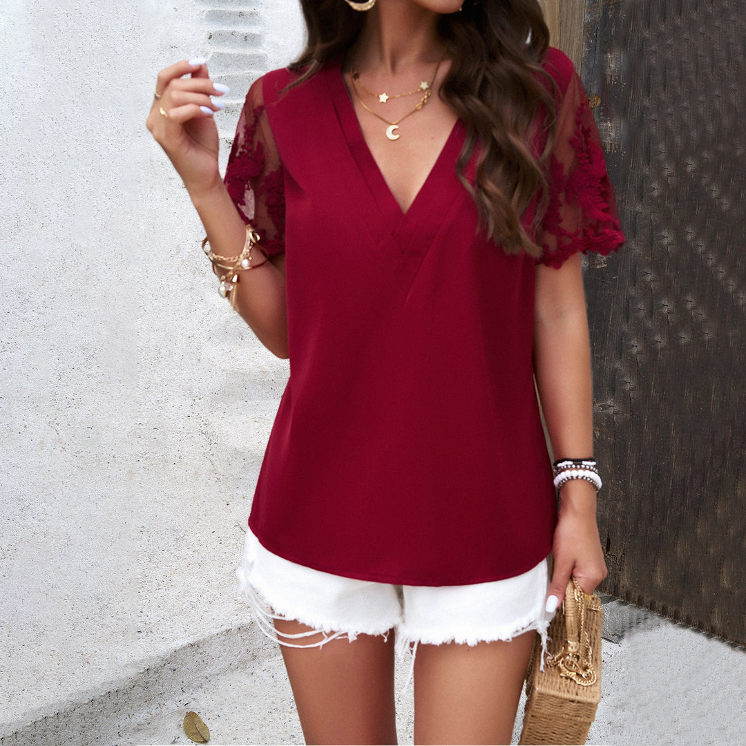 Damen Bluse mit eleganten Spitzenärmel und V-Ausschnitt R&B