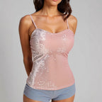 Damen elegantes Spaghettiträgershirt mit luxuriösem Paillettenbesatz und feinem Rippstrick R&B