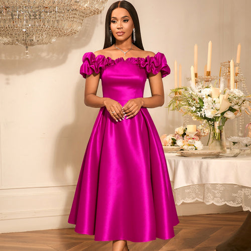 Damen Midi-Party Kleid mit schulterfreiem Design und voluminösen Rüschen R&B