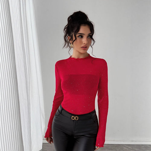 Damen Eleganter Bodysuit mit funkelnden Details und Rüschenkragen R&B