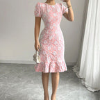 Damen Midi-Kleid mit floralen Applikationen und voluminösen Ärmeln R&B