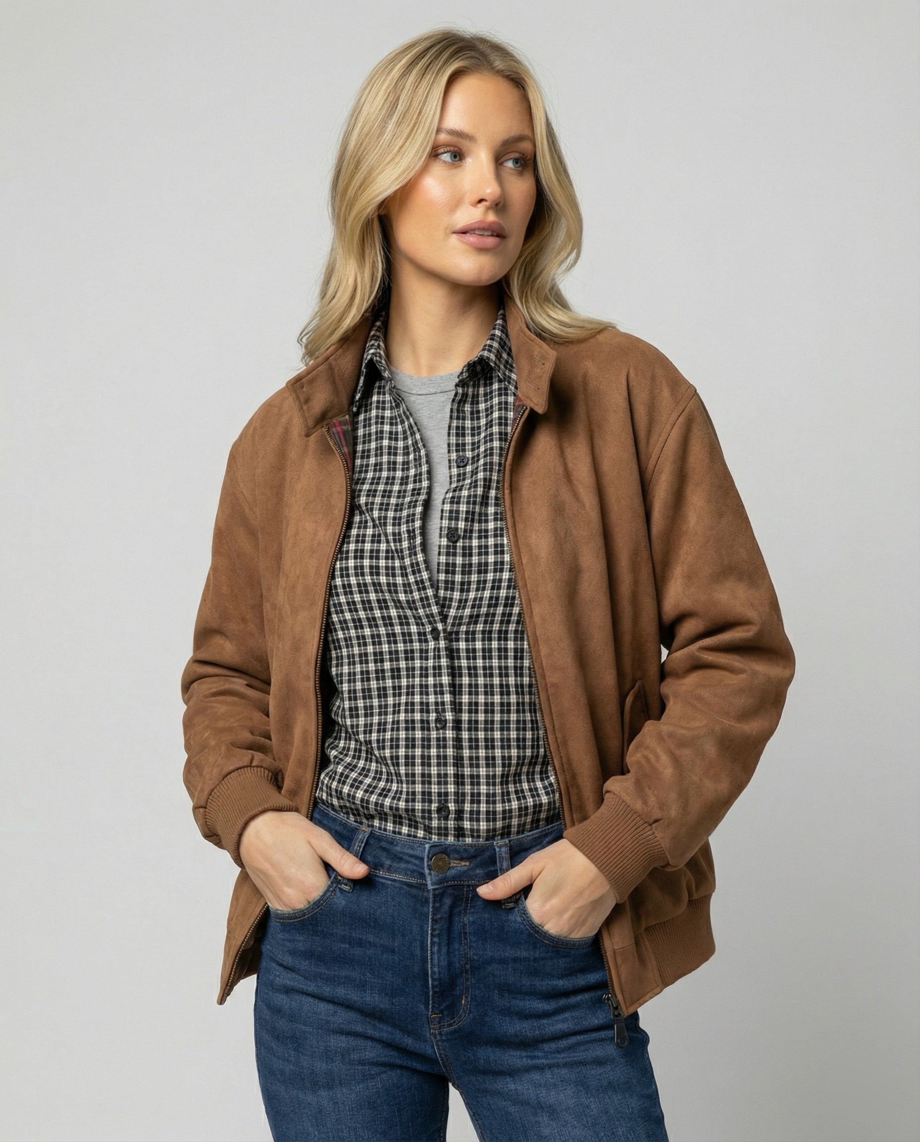 Damen Jacke Vintage Wildleder-Optik Braun Locker Herbst