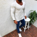 Herren elegantes Langarmshirt mit V-Ausschnitt und figurbetontem Schnitt R&B