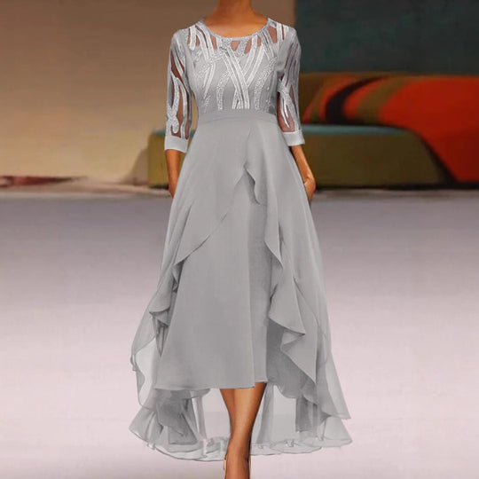 Damen nan edles Chiffon-Abendkleid mit besticktem Tülloberteil, Dreiviertelärmeln und asymmetrischem Stufen-Saum R&B