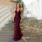 Damen Glamouröses langes Abendkleid mit Pailletten und tiefem V-Ausschnitt R&B