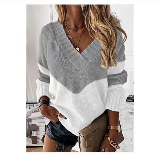 Damen Strickpullover mit V-Ausschnitt und trendigen Farbblockmustern R&B