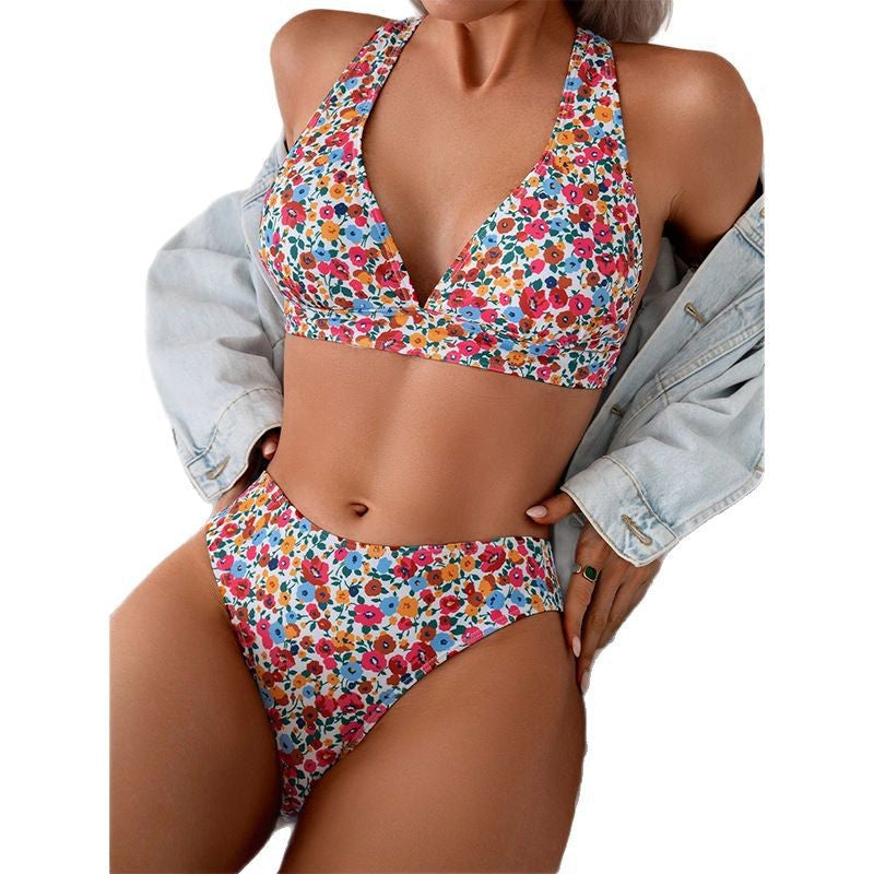 Damen Triangel-Bikini mit floralem Design und hochgeschnittenem Schnitt