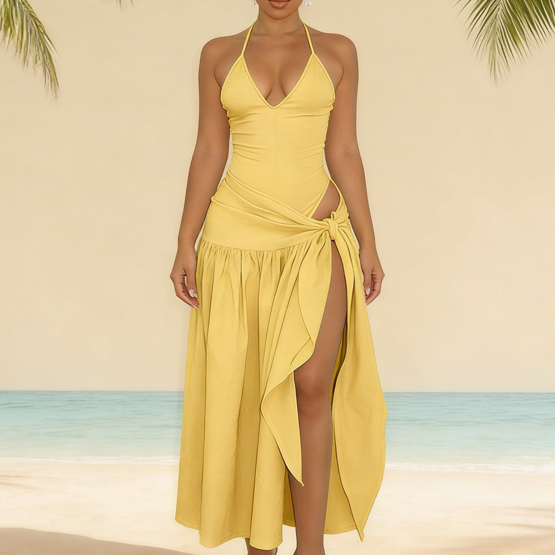 Damen Maxikleid mit knackigem V-Ausschnitt und verspielten Drapierungen R&B