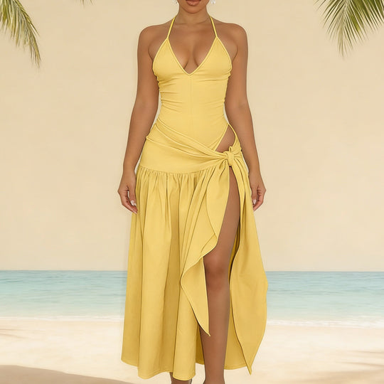 Damen Maxikleid mit knackigem V-Ausschnitt und verspielten Drapierungen R&B
