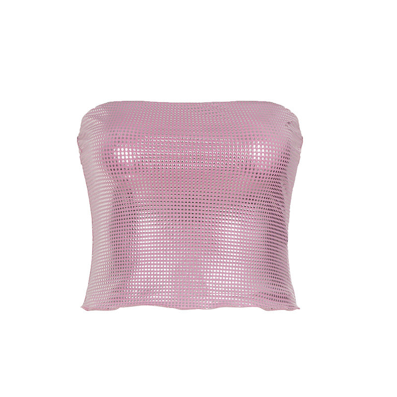 Damen Cropped Oberteil mit Netzdesign und schimmernden Akzenten R&B