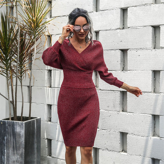 Damen Strickkleid mit tiefem V-Ausschnitt und schulterfreien Ärmeln R&B