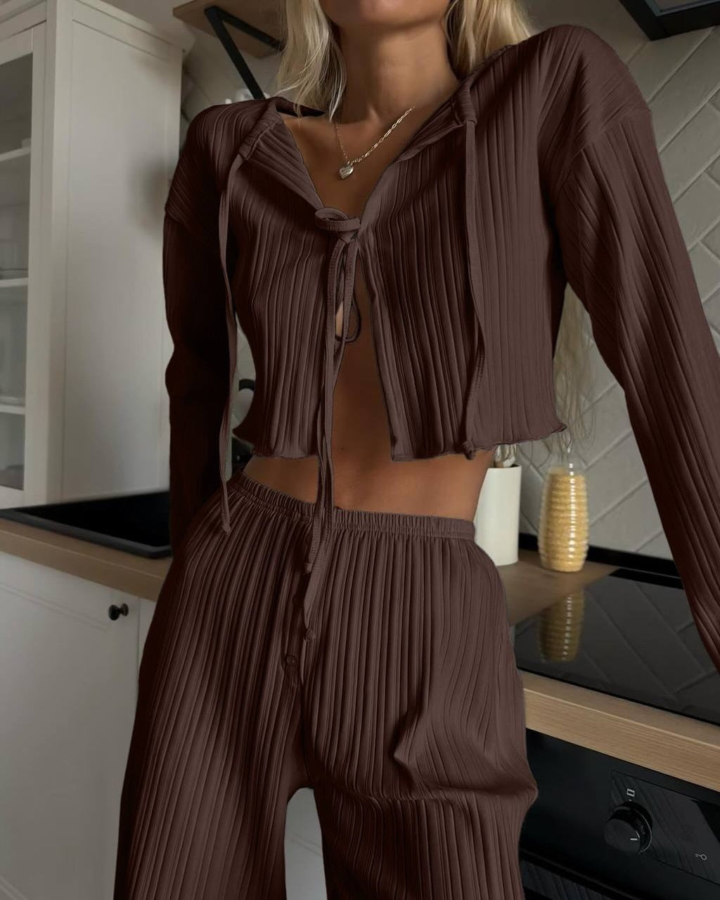 Damen lässiges Strickset mit verstellbarem Kordelzug R&B