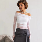 Damen Offshoulder Langarm-Top aus transparentem Netzmaterial R&B